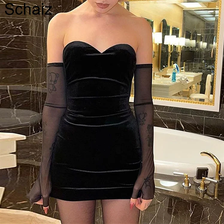 

Low Dress Chest Sexy Golden Velvet Strapless Dress Women's Autumn And Winter Slim Fit With Sleeves And Buttock Wrap