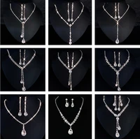 water drop rhinestone long pendant full crystal silver plated necklace earrings elegant bridal wedding jewelry set
