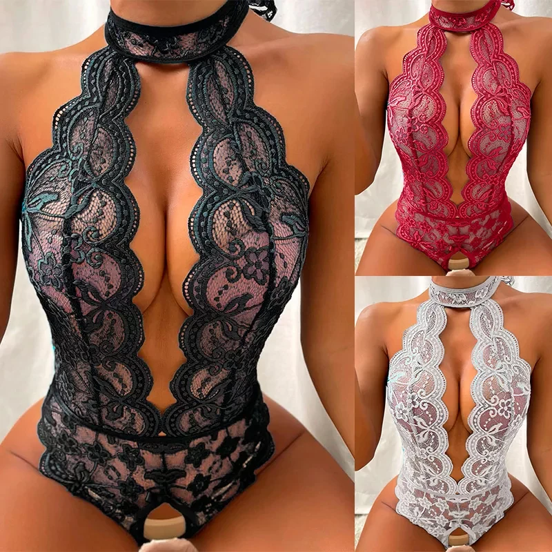 

Teddy Underwear Set Deep V One Piece Lace Bras Erotic Costume For Women Open Crotch Bodysuit Transparent Sexy Lingerie 2022