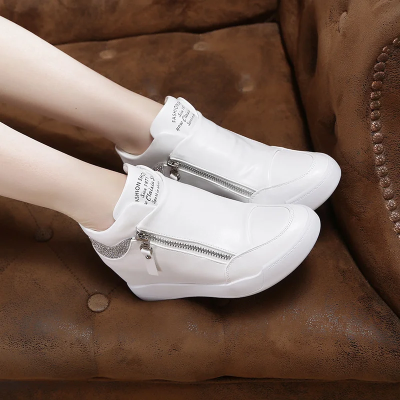 White Black Wedge Platform Shoes Women Sneakers 8CM Hidden Heels Shoes Woman Fashion Casual Sneaker Ladies Leather Shoes