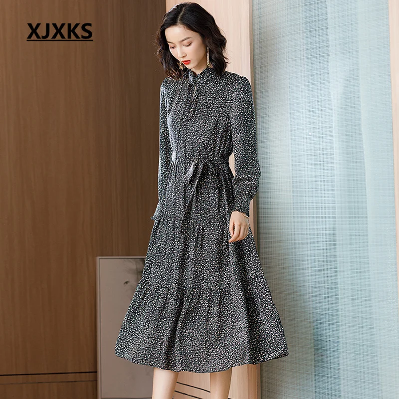 XJXKS 2022 Autumn Latest Women's Dress Fashion Lace Up Stand Collar Long Vestidos Exquisite Small Dots All-match