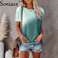 womens summer new o neck with pocket tops gradient printing loose pullover t shirt casual short sleeve ladies t shirt
