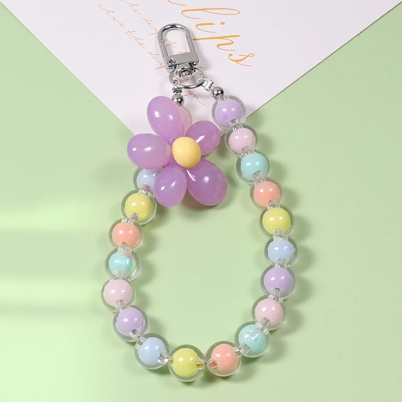 2pcs Colorful Round Flower Beads Lanyards KeyChains Lanyard Bead Wriststrap For Diy Phone Case Pendant Handmade Chain Decorative