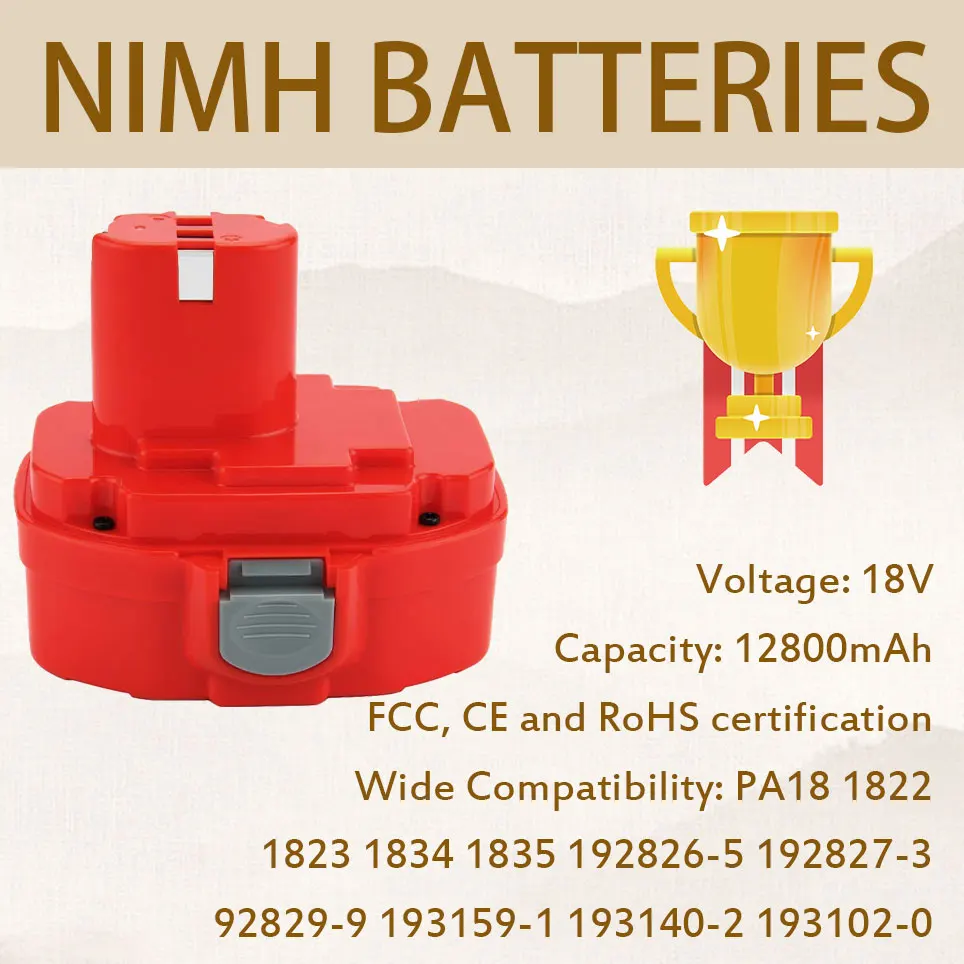 

12800mAh replacement battery for 18Vmakita 1823 1834 1835 192826-5 192827-3 192829-9 193159-1 193140-2 PA18 HITACHI eb1214s