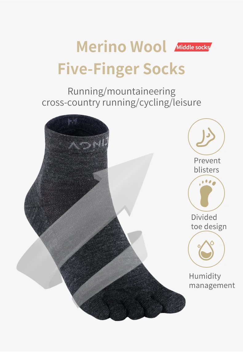 AONIJIE E4823 Unisex Sports Woollen Middle Five-Finger Socks Quarter Five Toes Socks Toesocks For Running Trail Marathon