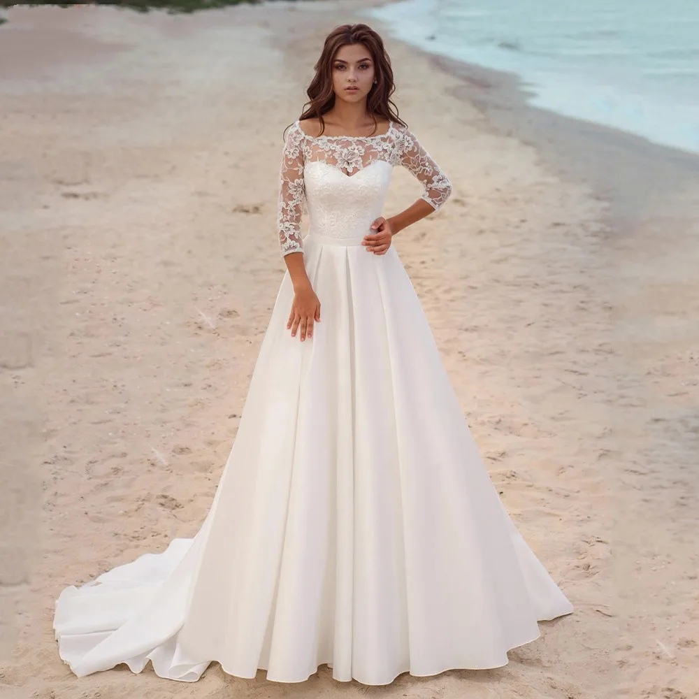 

Robe De Mariee A Line Wedding Dress 2023 Three Quarter Sleeve Scoop Neck Satin Sweep Train Beach Bridal Gowns With Lace Applique