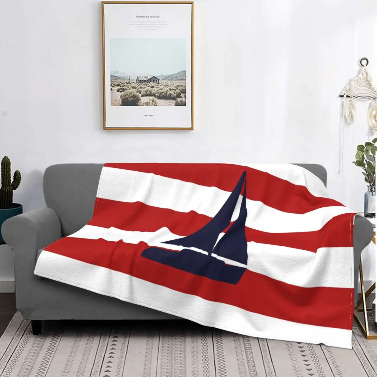 

Nautical Navy Blue Blanket 3D Print Soft Flannel Fleece Warm Sailboat On Red Stripes Throw Blankets for Car Bed Couch Bedspreads