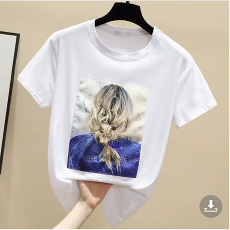 

BULOCHOVA New Summer Designer Women Pullover Cotton Printed T Shirt Tops Students Creative Patch Beaded Sequins Loose Top Femme