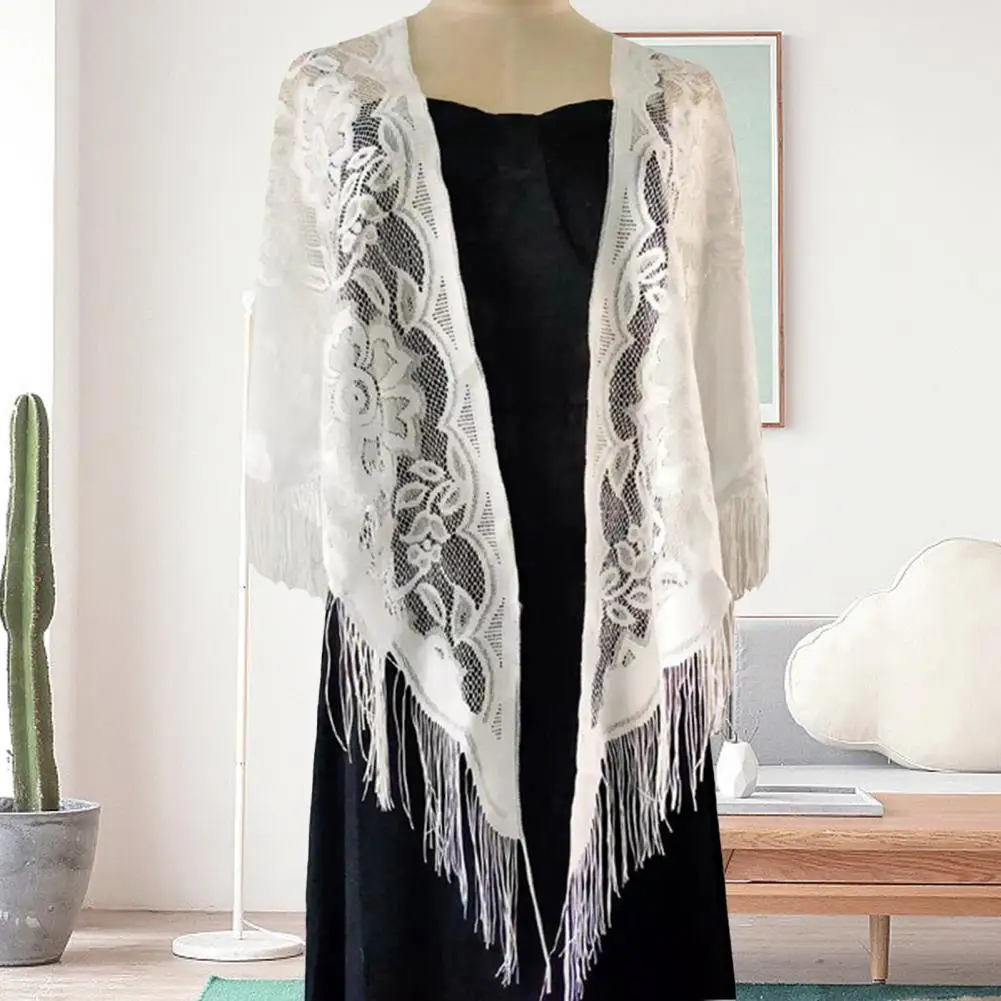 

Fashion Beach Shawl Tassel See-through Thin Solid Color Beach Sunscreen Scarf Oversized Crochet Flower Printing Beach Cover-up