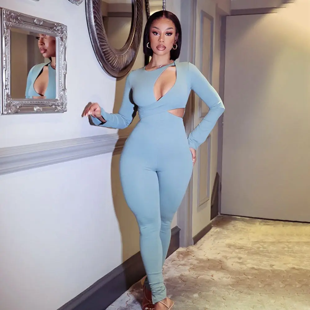 

Autumn Winter Solid Sport Jumpsuit Women Sexy Cut Out Long Sleeve Pants Skinny Club Party Romper One-piece Casual Black Overalls