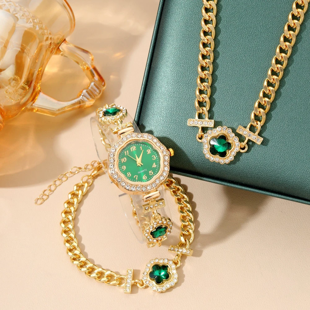 3 шт. комплект женских часов с бриллиантами зеленые часы женские наручные элитный