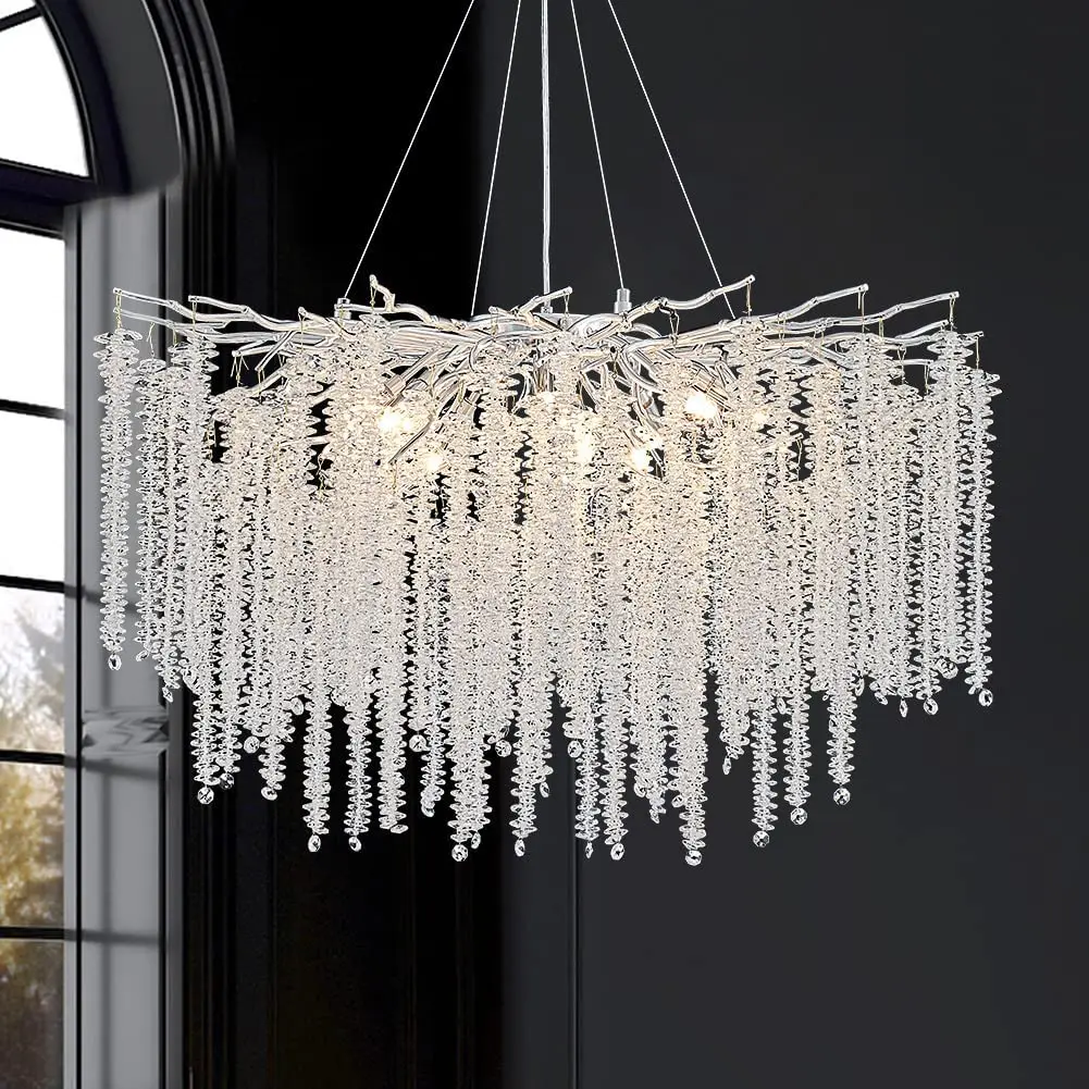 

Round Hanging Chandelier Crystal Tree Branch Ceiling Pendant Lights Silver Living Room Hanging Pendant Light Fixtures Round