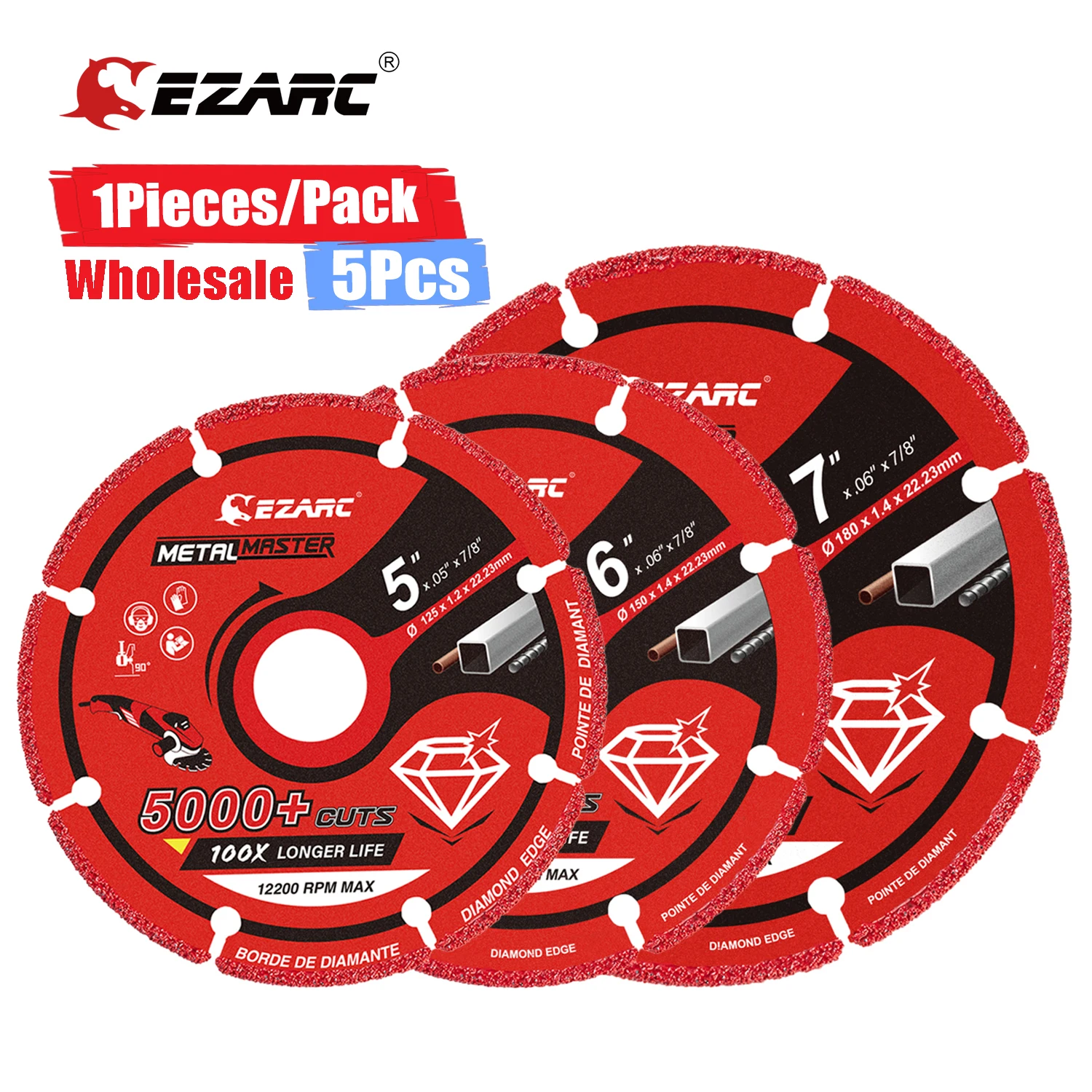 EZARC 5 Pcs Diamond Cut Off Wheel, 5''/6''/7Inch Metal Cutting Wheel, 5000+ Cuts Angle Grinder Cutting Disc on Rebar Steel Iron