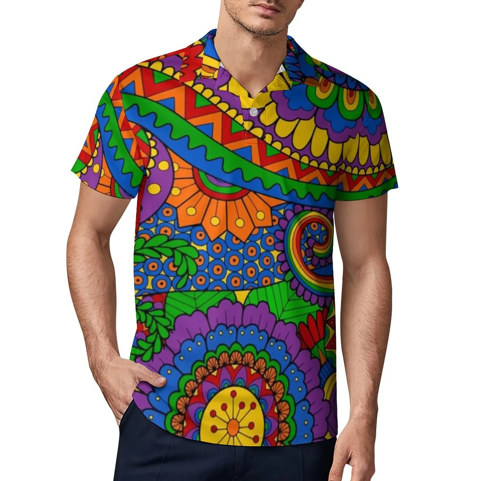

Happy Hippy Floral Casual Polo Shirts Psychedelic Rainbow Print T-Shirts Short Sleeve Shirt Summer Fun Oversized Top Gift Idea