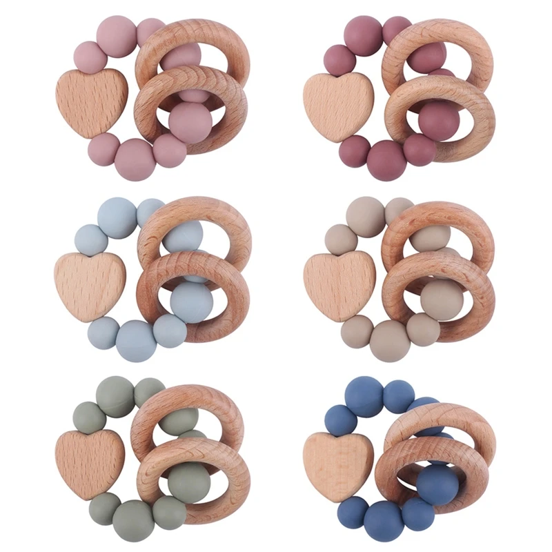 

Baby Teether heart round Bracelet Silicone Beech Beads Ring Wood Rattles Fidget Toy for Baby Girls Boys Teething Nursing Toy
