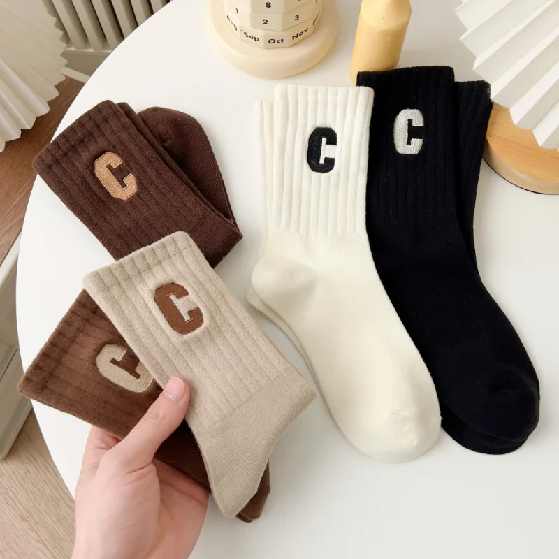 5Pairs Trendy Women Cotton Socks Spring and Autumn High Quality Casual Sock for Women Korean Japanese Student Girl Mid-tube Sock