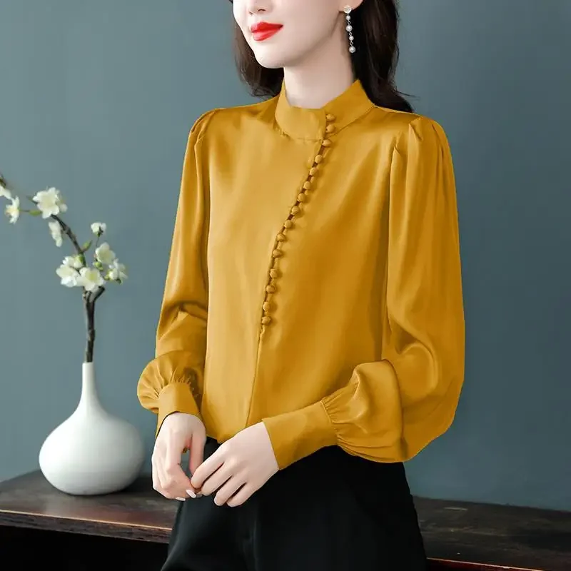 Винтажная зеленая рубашка с длинными рукавами и воротником-стойкой на талии