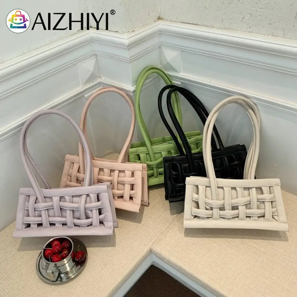 

Women Hollow PU Leather Weave Shoulder Bag Lady Simple Square Small Underarm Bag Fashion Exquisite Solid Color Leisure Handbags