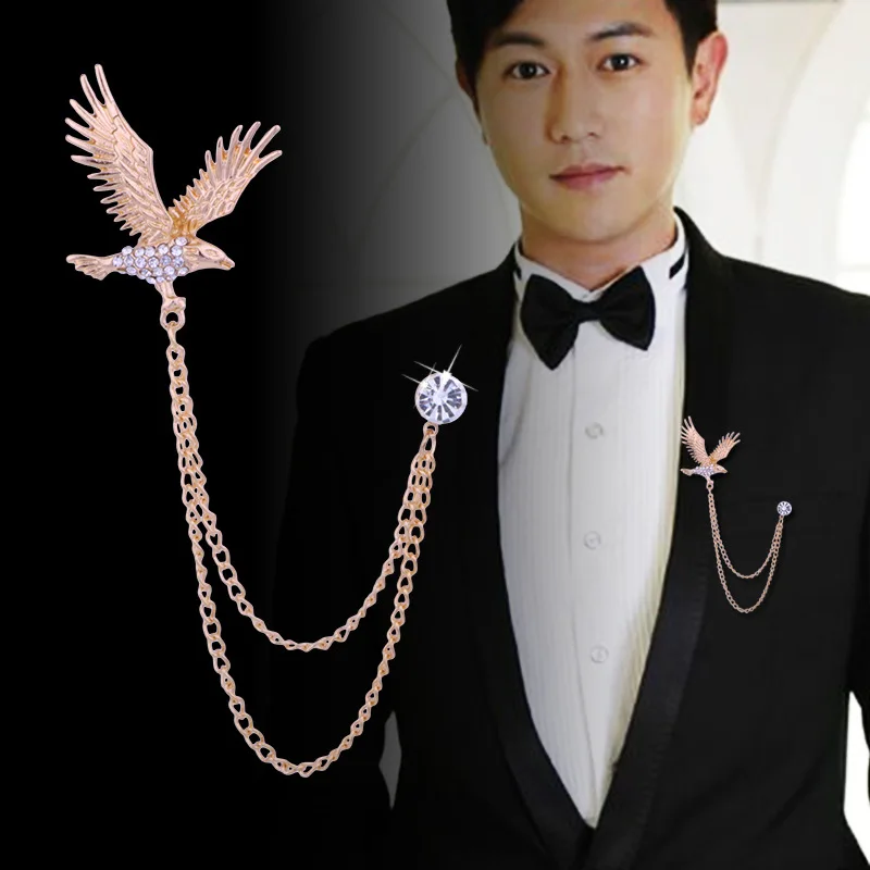

Hot Sale Men's Eagle Brooch Banquet Corsage Diamond Brooches Jewelry Suit Tassel Chain Lapel Pin Men Accessories Wholesale