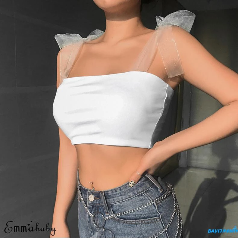 

Women Sheer Tie Shoulder Tube Top