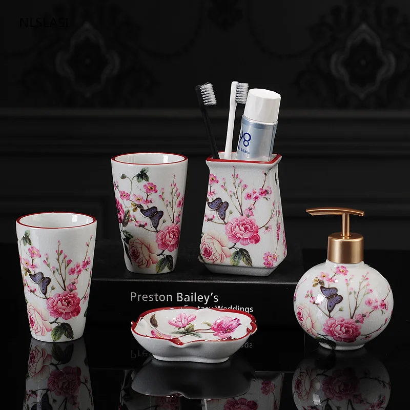 

Chinese Style Bathroom Set Ceramic Washroom Accessories Toothbrush Holder Soap Dispenser Soap Dish Gargle Cup Wedding Gifts