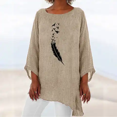 Women Tops And Blouses 2023 Womens 3 Of 4 Sleeve Crew Neck Irregular Hem Top Shirt Casual женская одежда больших размеров