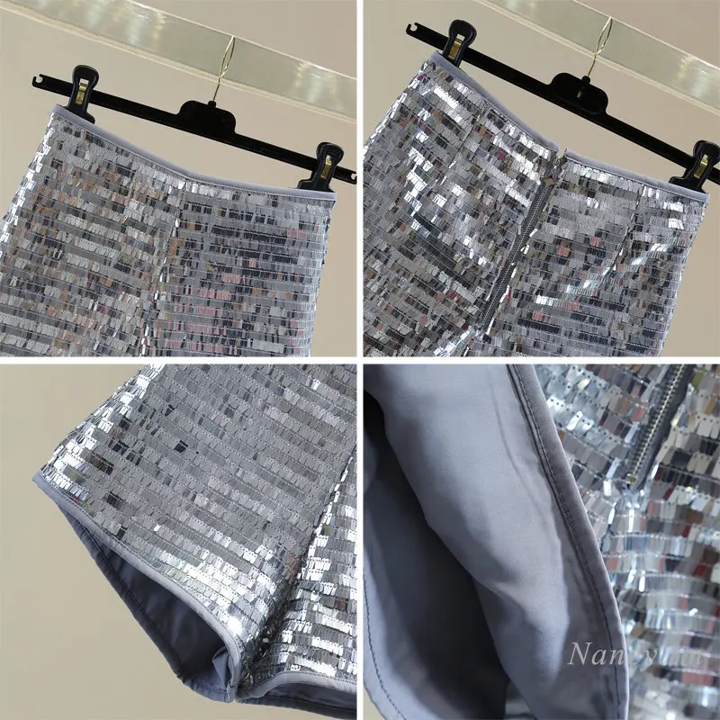 Summer Black Sequins Shorts Women 2023 High Waist Slimming Silver Sequined A- Line Wide-Legged Shorts Y2K