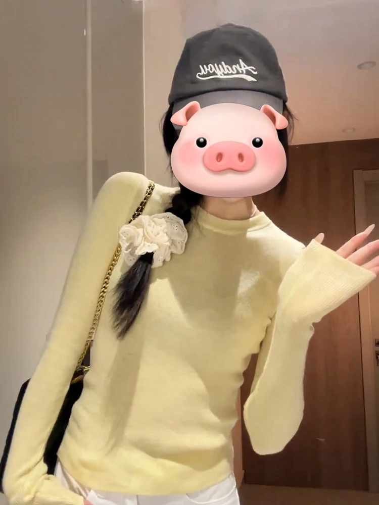 Желто-белый мягкий клейкий вязаный топ с круглым вырезом для женщин ранняя осень