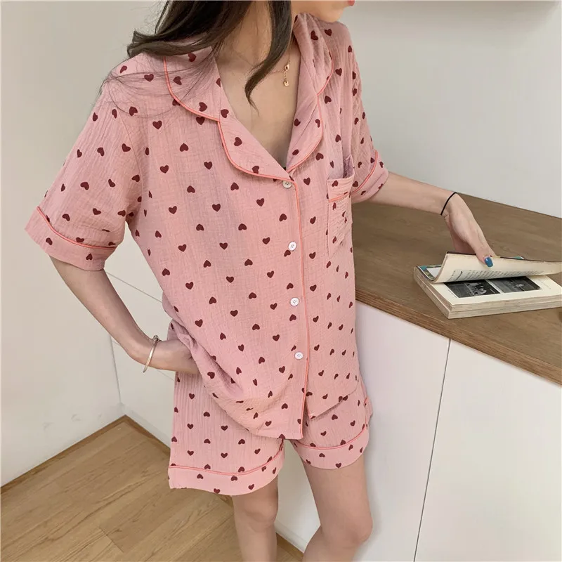 Heart Print Summer Pajamas Set 100% Cotton Single Breasted Shirts + Shorts Suit Sweet Kawaii Sleepwear Loose Homewear Vintage