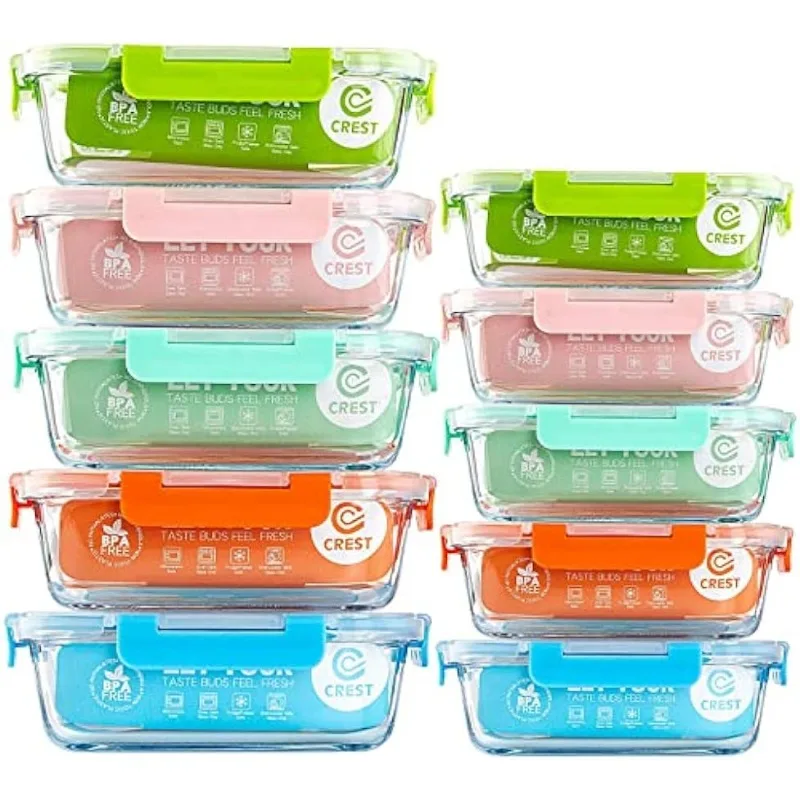 

C CREST [10-Pack] Glass Food Storage Containers (A Set of Five Colors), Meal Prep Containers with Lids for Kitchen, Home Use