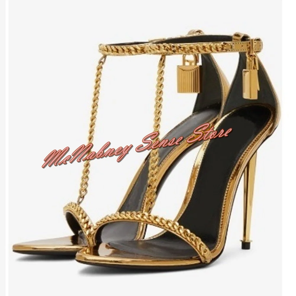 Купи Metal Stiletto Heels Lock Sandals Open Toe T Straps Chain Buckles Women Shoes Hollow Gold Sexy Summer Party Dress Sandals Design за 4,826 рублей в магазине AliExpress