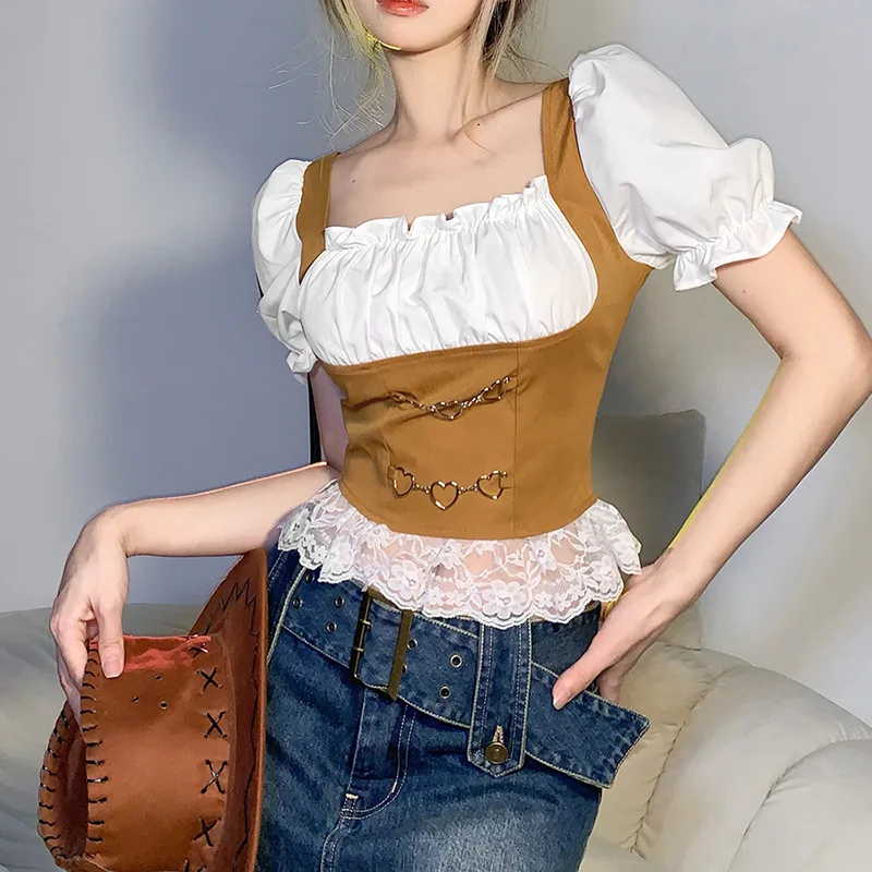 

Lace Patchwork England Style Cute Crop Tops Women Summer New Fashion Ladies Nice Tops Woman Female Dropshipping Cheap Wholesale