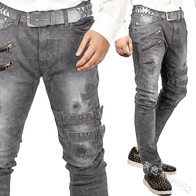 Streetwear Vintage Jeans Men's Jeans Summer Slim-Fit Zipper Ripped Jeans Men's Casual Low Waist Button Denim Straight-Leg Pants