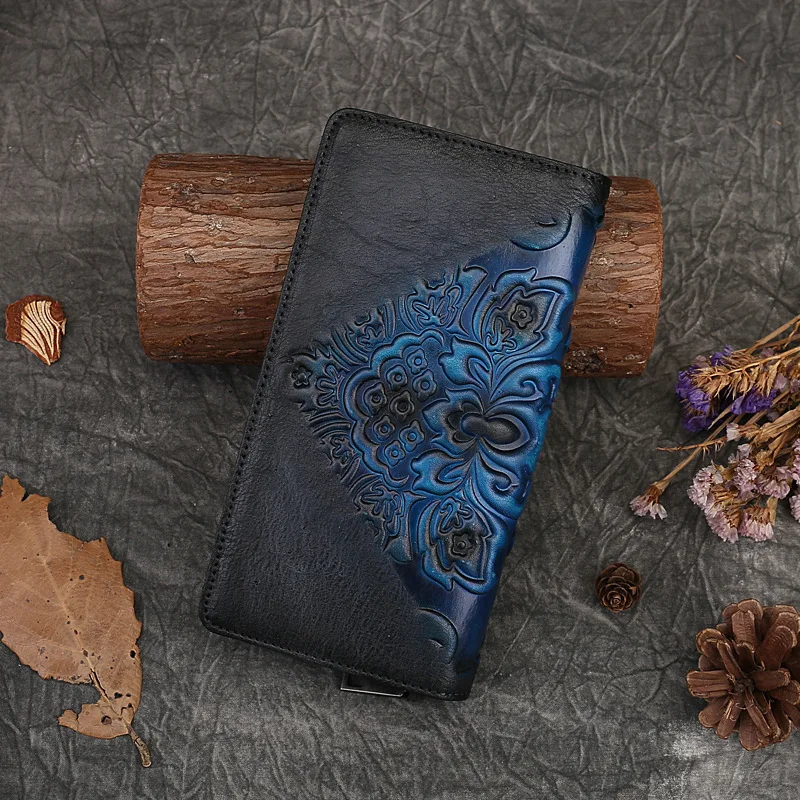 Women Wallet Retro Genuine Leather Purse Vintage Ladies Chinese Style Flowers Embossed Card Holder Female Luxury Clutch Bag Gift