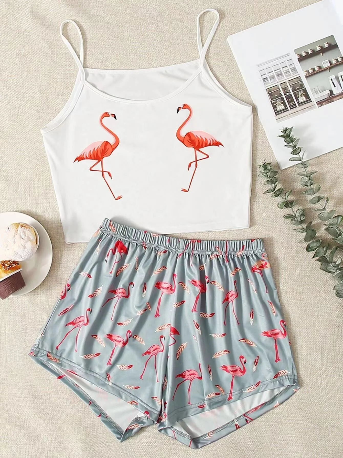 

New Style Lady’s Summer Flamingo Print Camisole With Shorts Pajama Set Cute Comfortable Home Wear Sleepwear Underwear