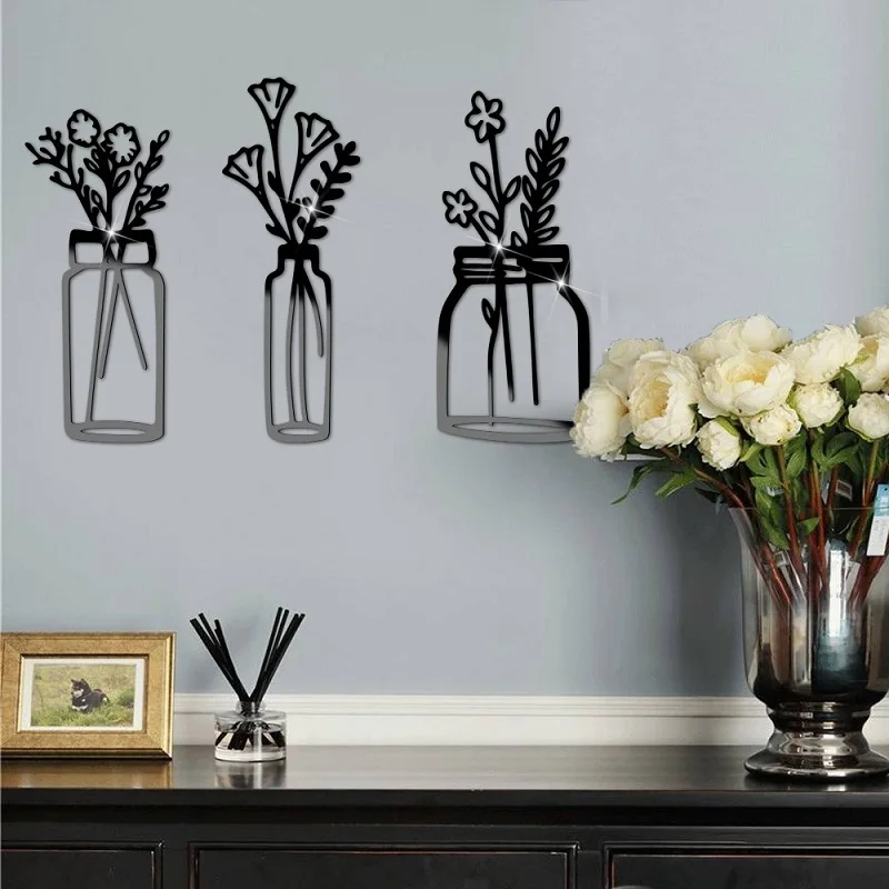 

3Pcs 3D Hollow Flower Vase Wall Stickers Acrylic Self-adhesive Mirror Sticker for Home Decorations Dining Room Bedroom Decor