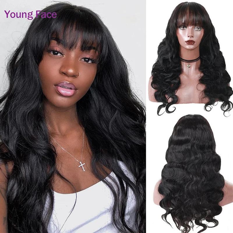 Body Wave Human Hair Wigs With Bangs Full Machine Made Wig Brazilian Long Natural Body Wave Fringe Wigs For Black Women Glueless  - buy with discount