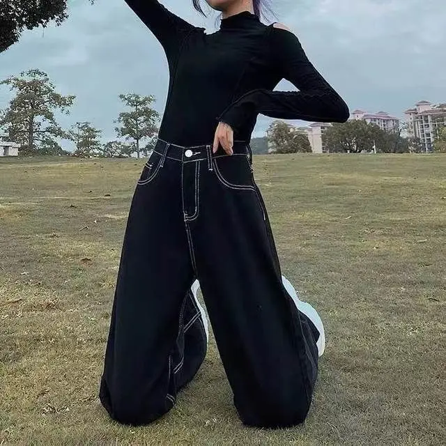 

Vintage high waist black jeans women Korean version of ins loose and thin wide-leg pants college style wild straight-leg pants