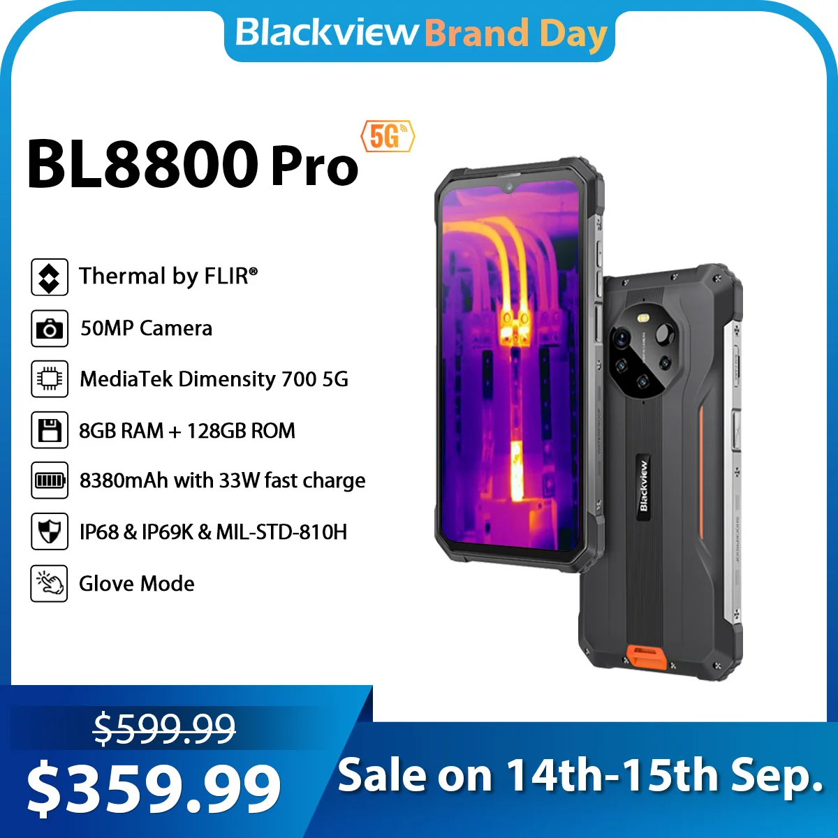 Blackview-teléfono móvil BL8800 Pro 5G, móvil resistente con imagen térmica, cámara de 50MP, MTK700, 8GB + 128GB, batería de 8380mAh, versión Global