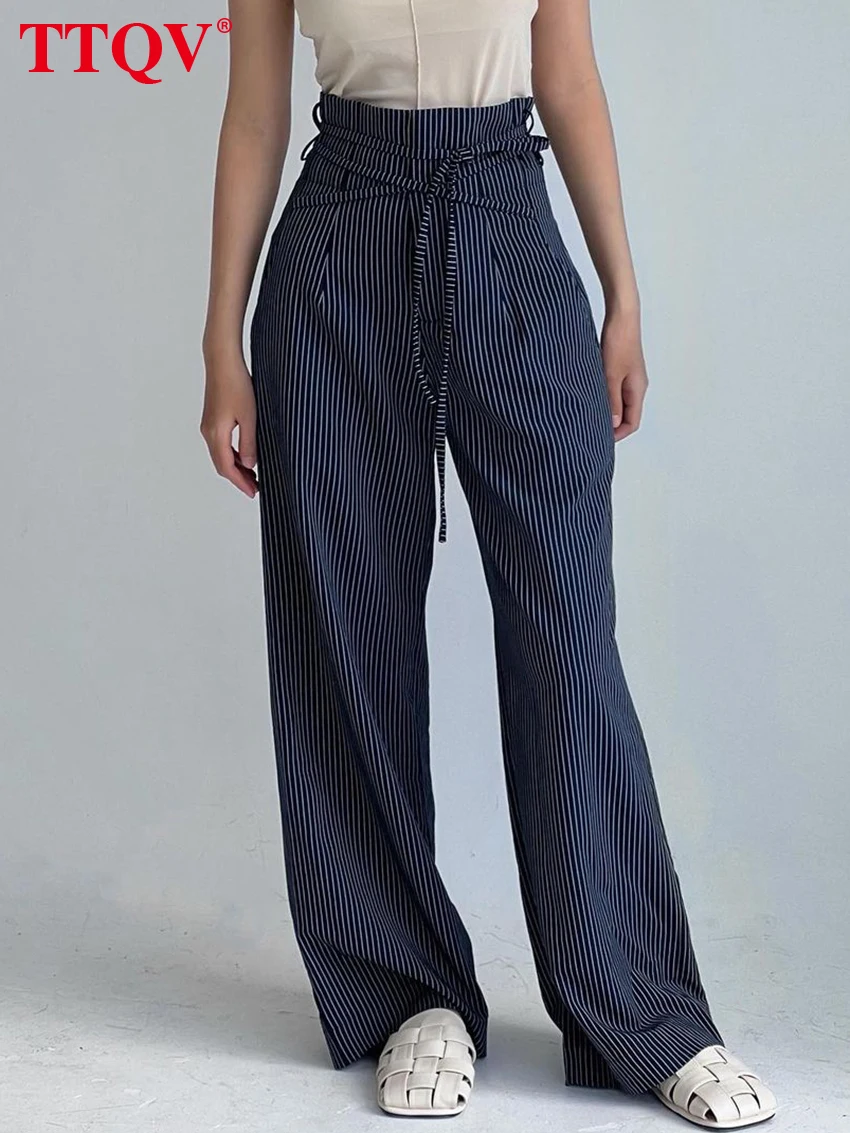

Модные женские брюки TTQV в полоску с принтом 2023 элегантные брюки с высокой талией на шнуровке осенне-зимние длинные брюки женская одежда