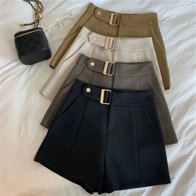 Office Design Baggy High Waist A-line Suit Shorts Women's Casual Korean Stylish Classic Black Wide Leg Short Pants For Female