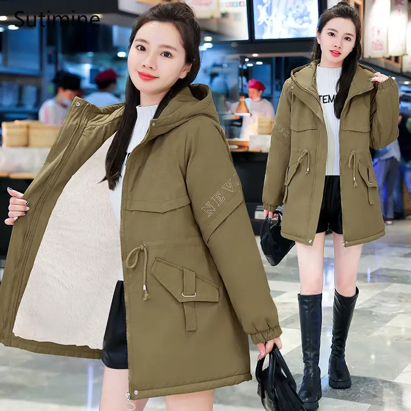 Winter Clothes Women Office Lady Pockets Women's Loose Embroidered Cotton Padded Jacket with Velvet Hooded Bandage Coat Women