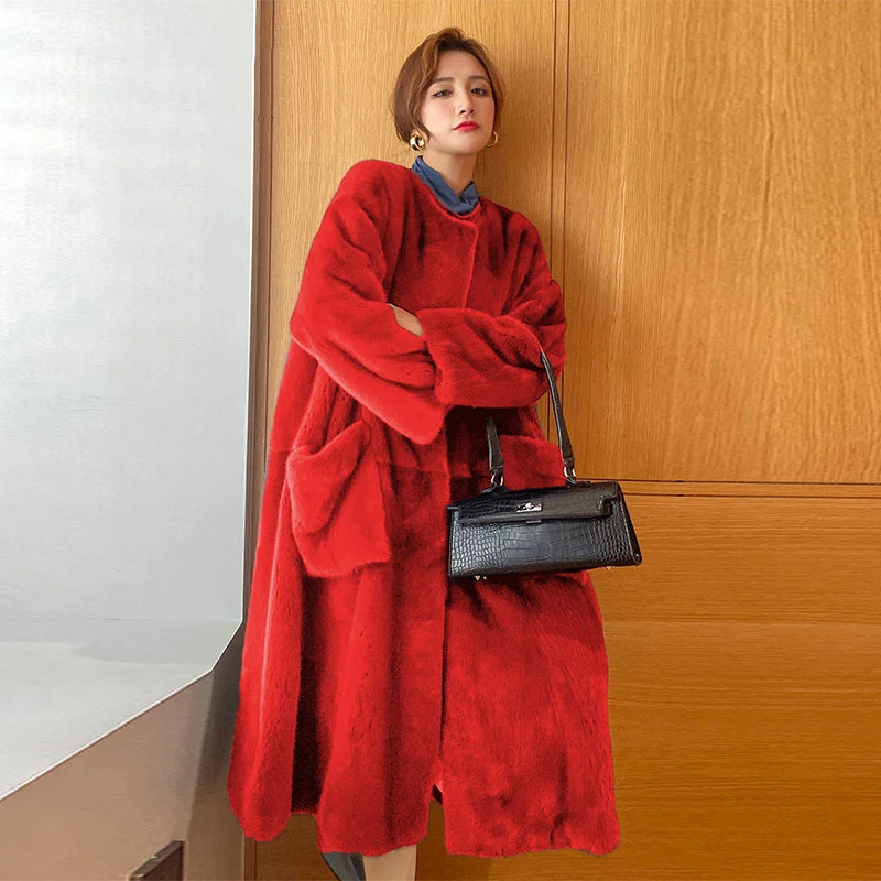 Fashion Round Neck Casual Faux Fur European and American Temperament Coat Women's Coat Loose Mid-length Women 2022 New Winter