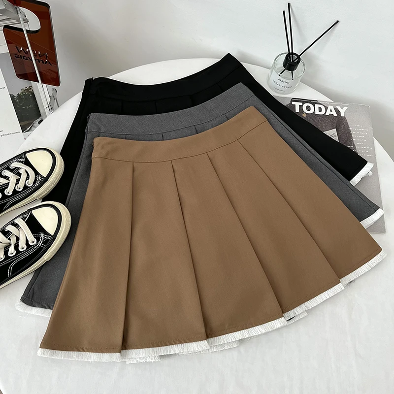 

Korean Solid Preppy Skirts For Girls Summer Sweet Kawaii Zipper Tassel Folds A-line High Waisted Mini Skirt Dropshipping