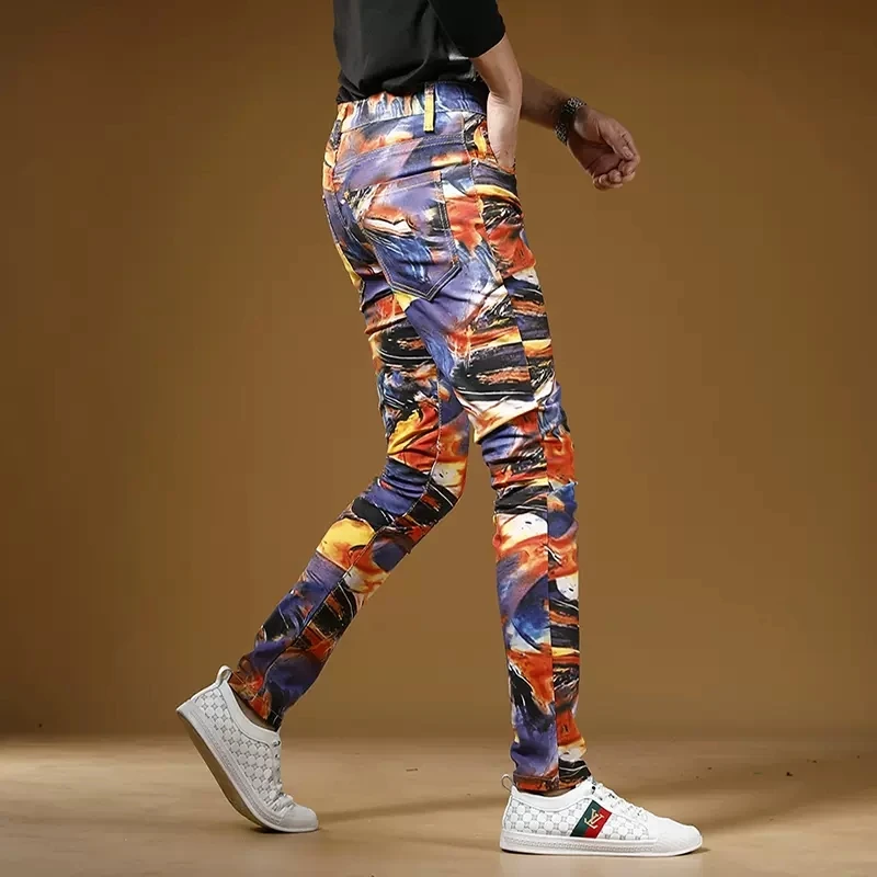 Men Digital Printing Jeans Mens Casual Pants 2022 Streetwear Fashion Colorful Cotton Slim Fit Straight Denim Trousers