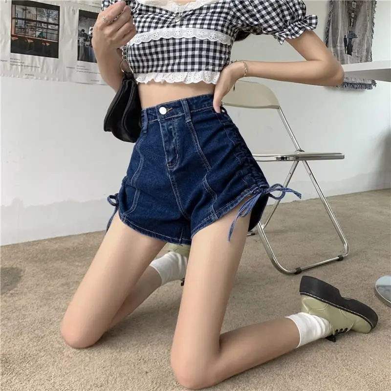 Women Denim Vintage Summer Basic Simple All-match High Waisted Drawstring Denim Shorts Leisure Ulzzang Ladies Streetwear Chic