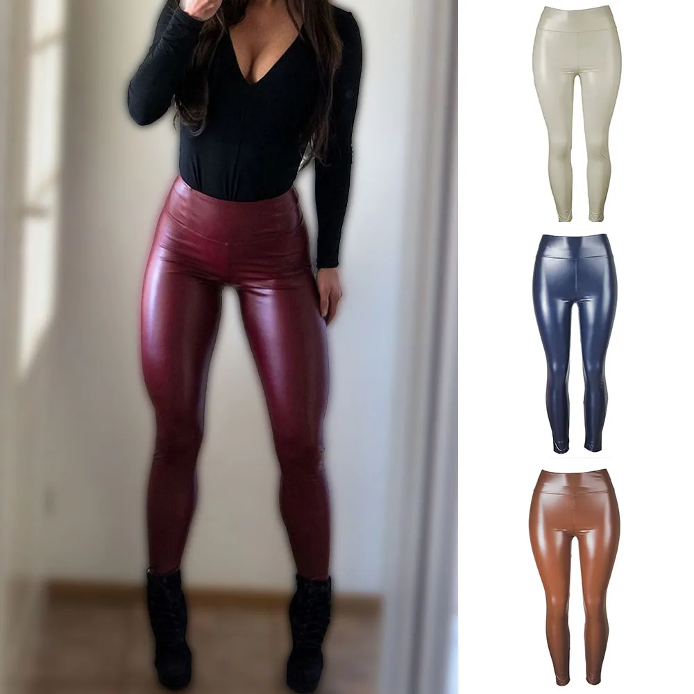 High Waist Skinny Ankle-Length Black Pu Faux Leather Leggings For Women Leggins Stretchy Sexy Fitness Push Up Slim Pants F80