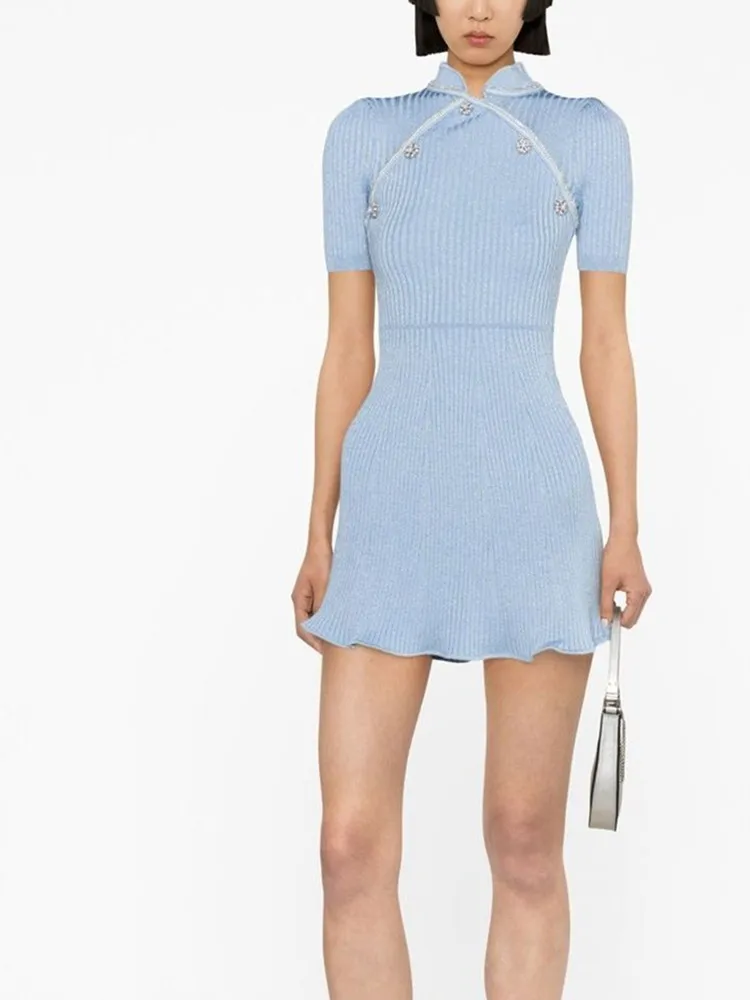 

Women Mini Robe Short Sleeve Slim Buttons Knitted Sweet Trumpet Dress