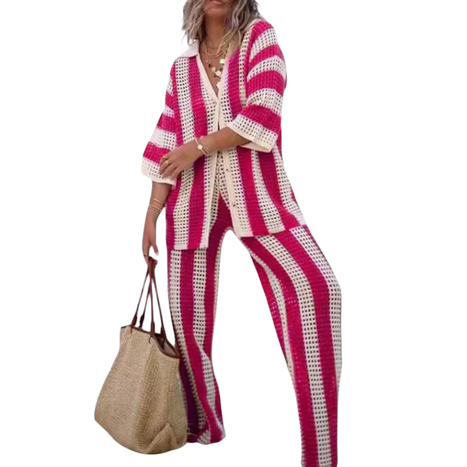 Сексуальный женский комплект с широкими брюками в вертикальную полоску