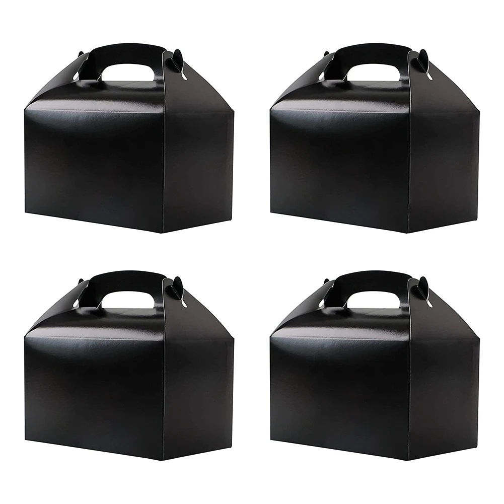 

50 Pcs Party Treat Boxes White, Candy Boxes Party Favors with Handle Paper Cookie Gift Bags Gable Boxes Black